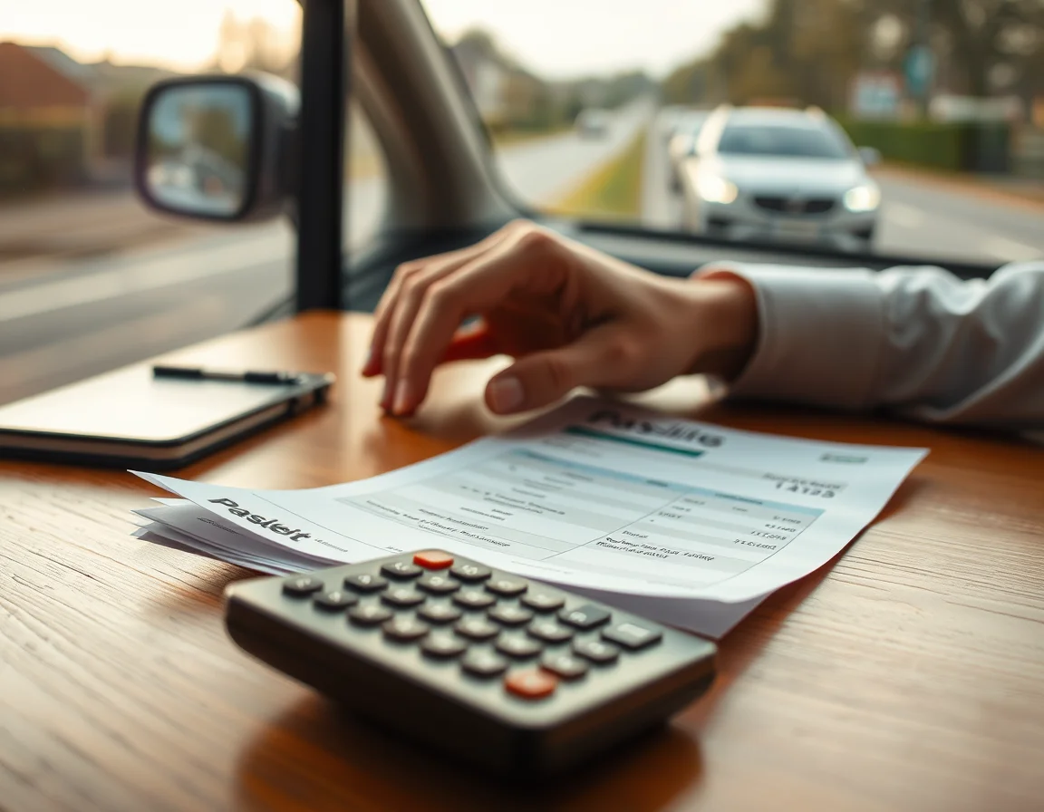 Close-up photo of a payslip and a calculator on a wooden desk illustrating Self Tax Assessment