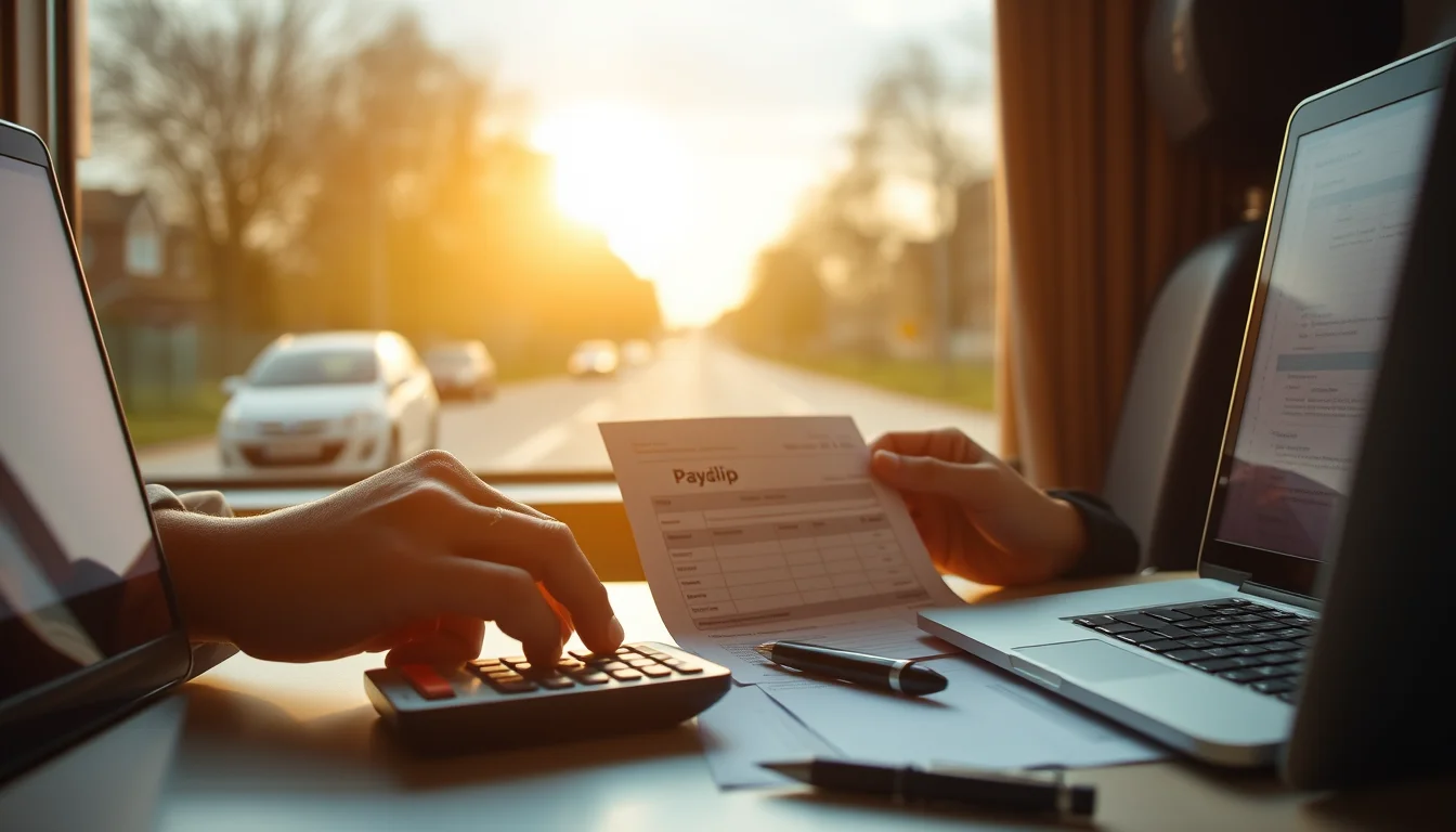Photo of a payslip, a calculator and a laptop on a desk illustrating Self Tax Assessment