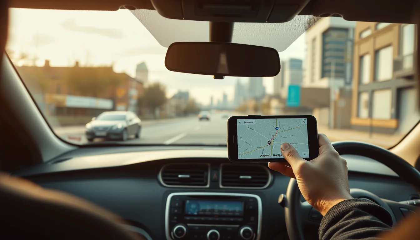 Photo from a driver's seat with a phone on the dashboard and the Manchester skyline ahead, illustrating setting up a limited company as a ride-hailing driver in Manchester