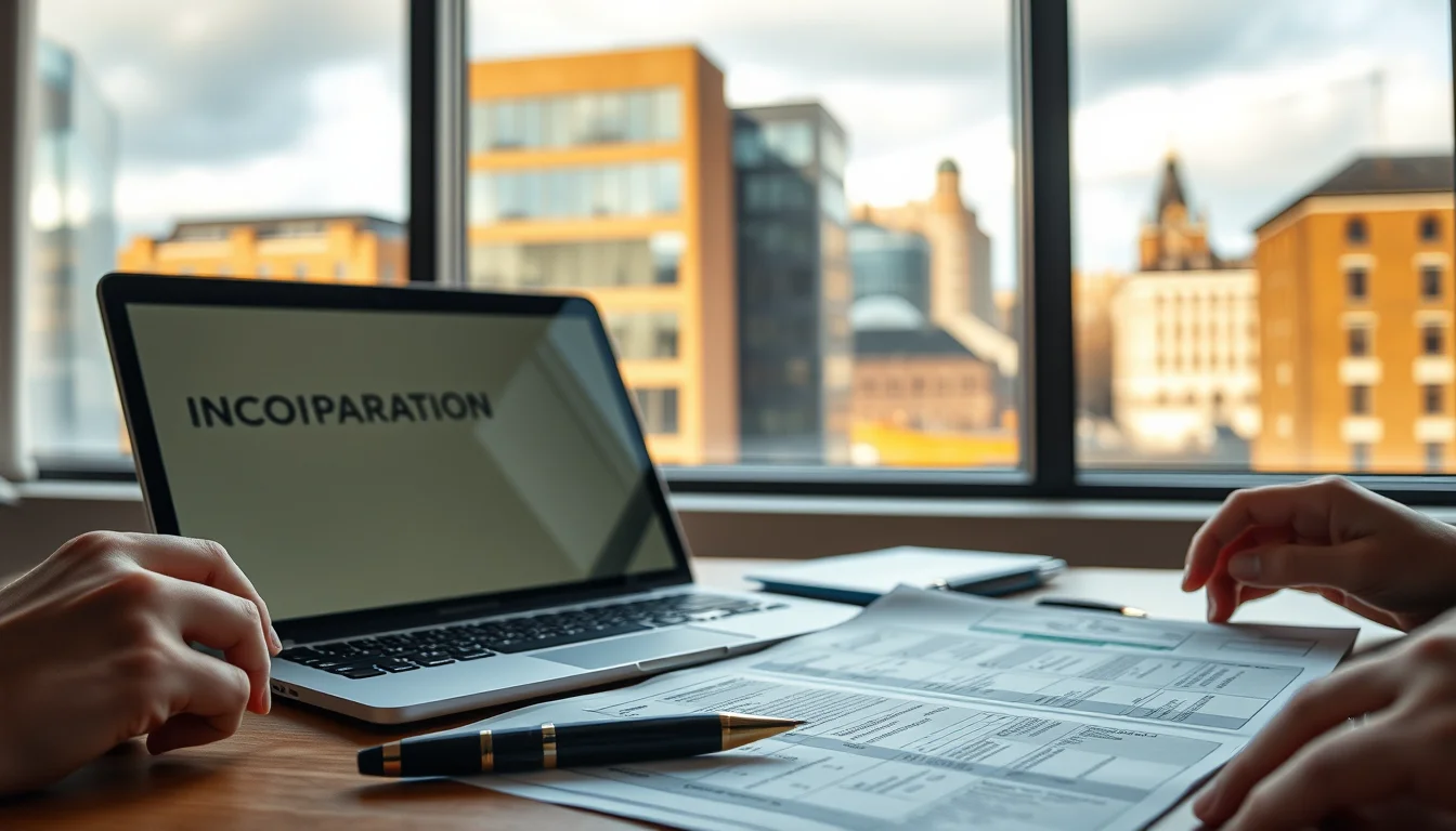 Photo of incorporation documents, a fountain pen and a laptop on a desk, illustrating setting up a limited company as a Sheffield driver