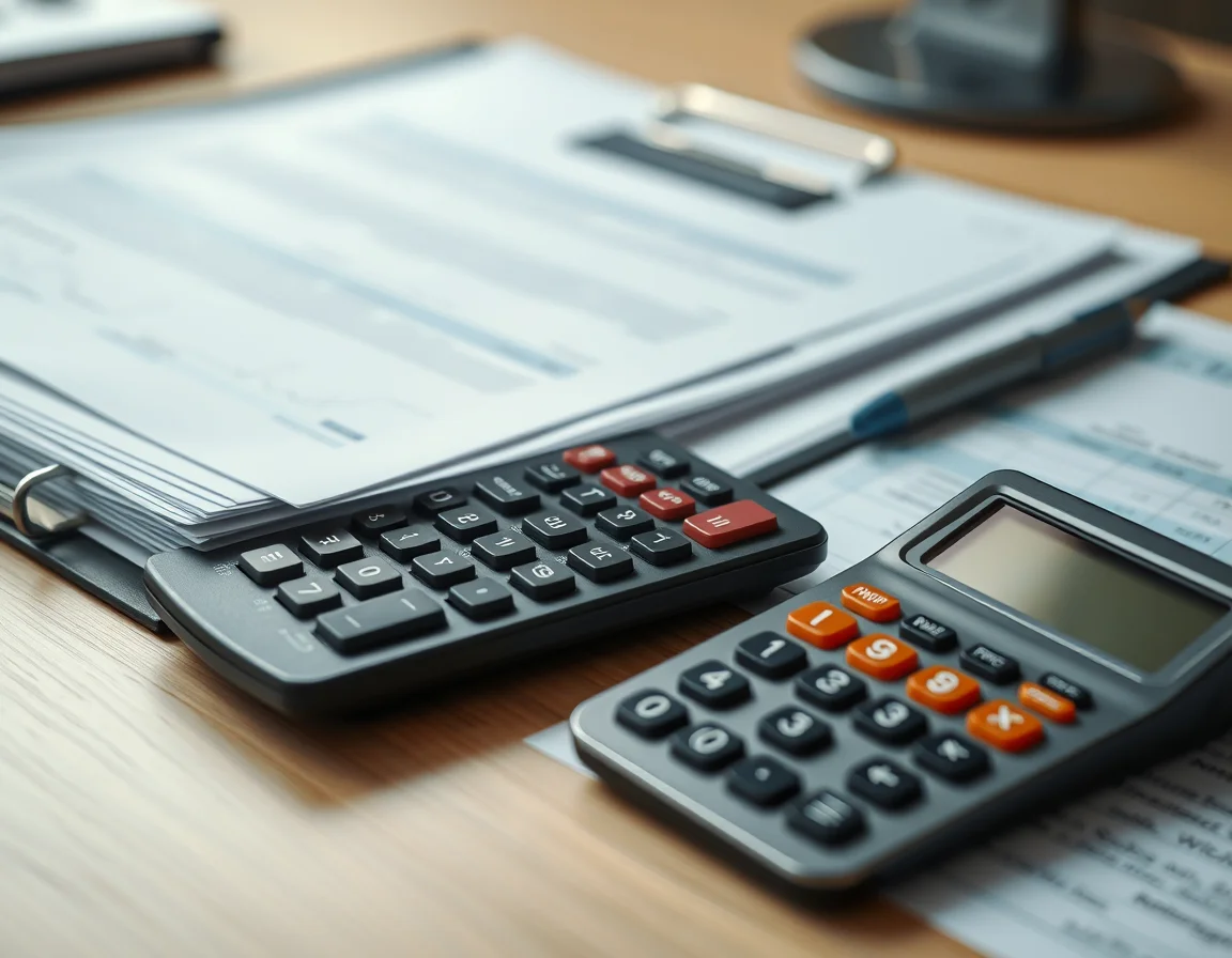Close-up photo of a folder of company papers, a calculator and a pen, illustrating setting up a limited company as an Uber driver in Manchester
