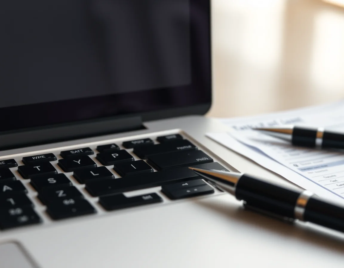 Close-up photo of a laptop keyboard beside a printed tax form and a pen, illustrating tax returns for Edinburgh drivers