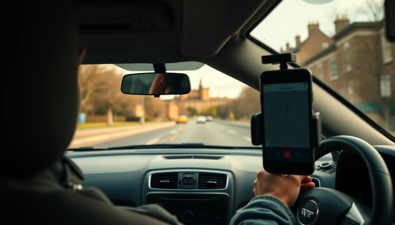 Photo from a driver's seat with a phone on the dashboard and Edinburgh Castle on the skyline, illustrating tax returns for Edinburgh drivers