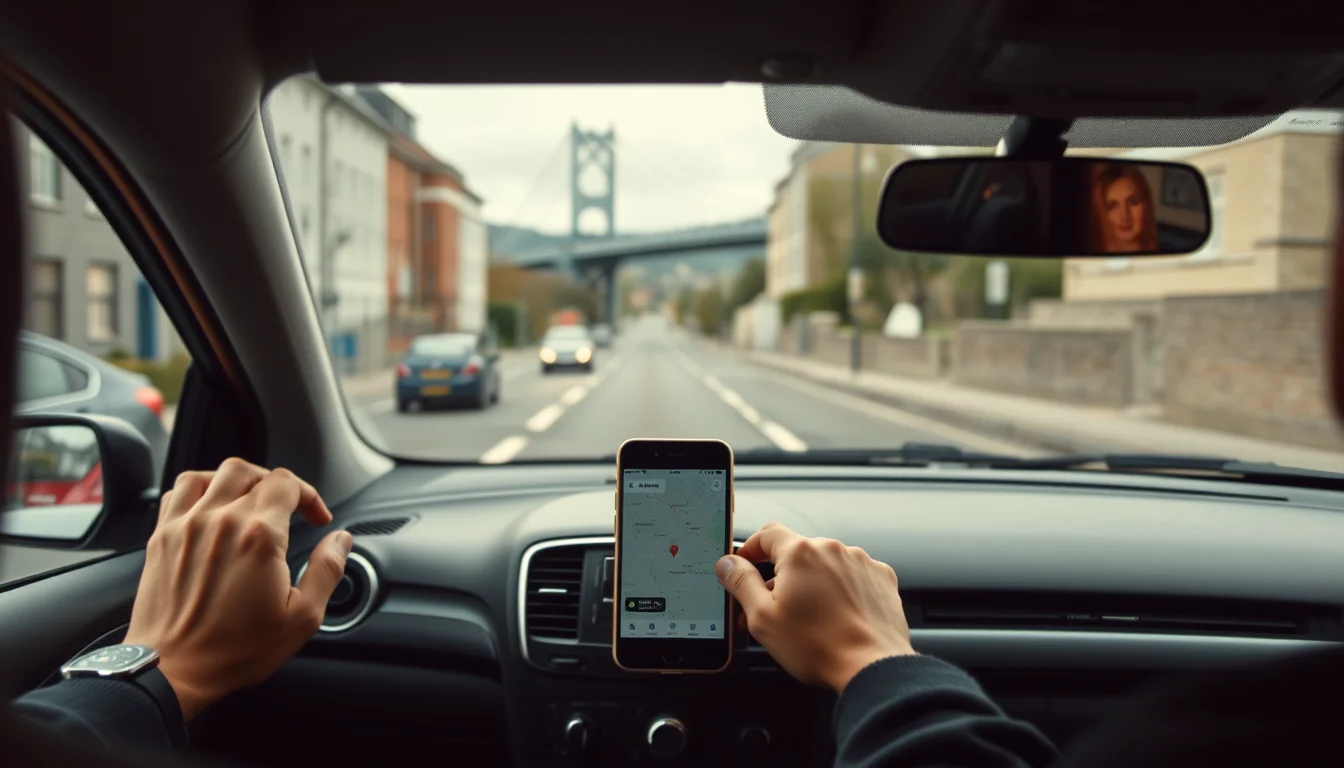 Photo from a driver's seat with a phone on the dashboard and a Bristol bridge in the distance, illustrating taxi driver accountants in Bristol, 2026 update