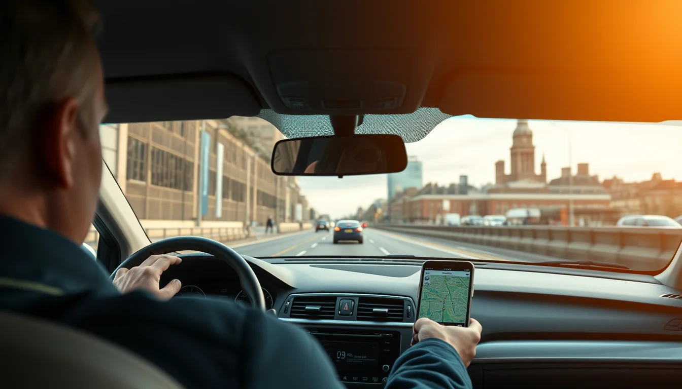 Photo from a driver's seat showing a phone mounted on the dashboard illustrating Taxi Driver Accountant UK