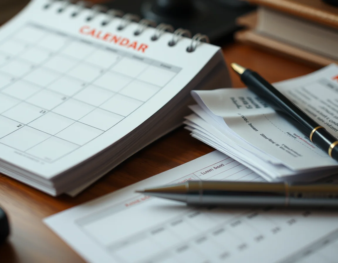 Close-up photo of a desk calendar beside receipts and a pen, illustrating a taxi driver accountant in Leeds year-end checklist