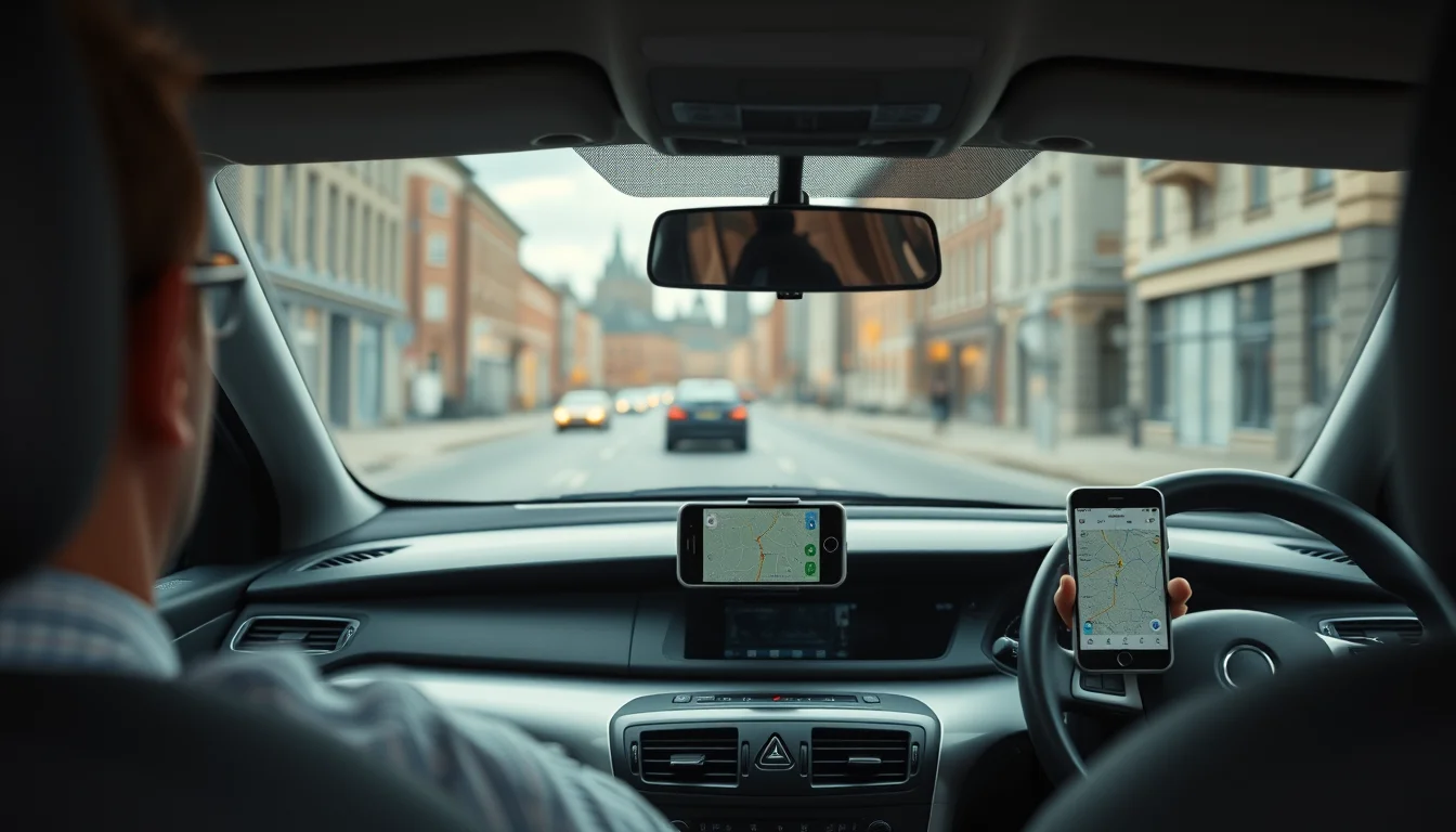 Photo from a driver's seat with a phone on the dashboard and the Leeds skyline ahead, illustrating a taxi driver accountant in Leeds year-end checklist