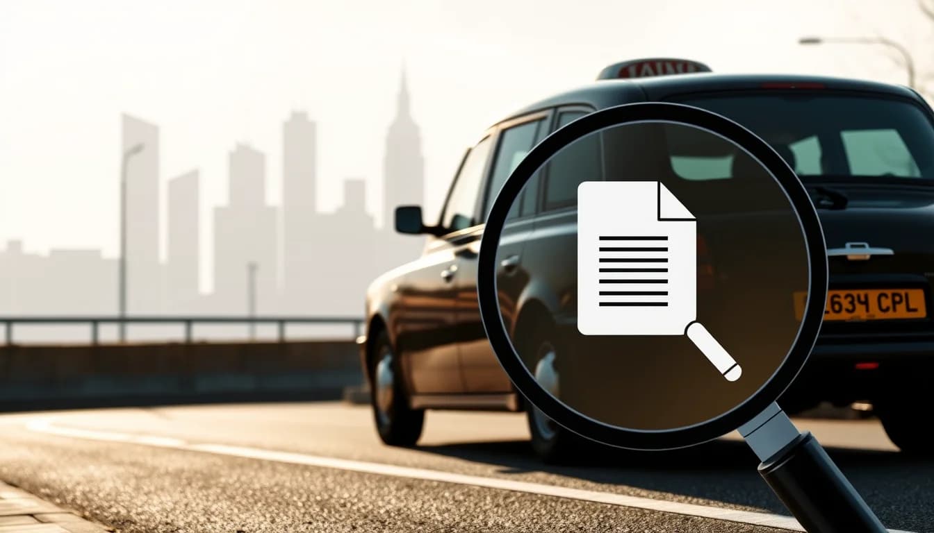 Photo of a black taxi on a UK road with a magnifying glass over a document in the foreground illustrating Taxi Driver Accountant UK in Nottingham