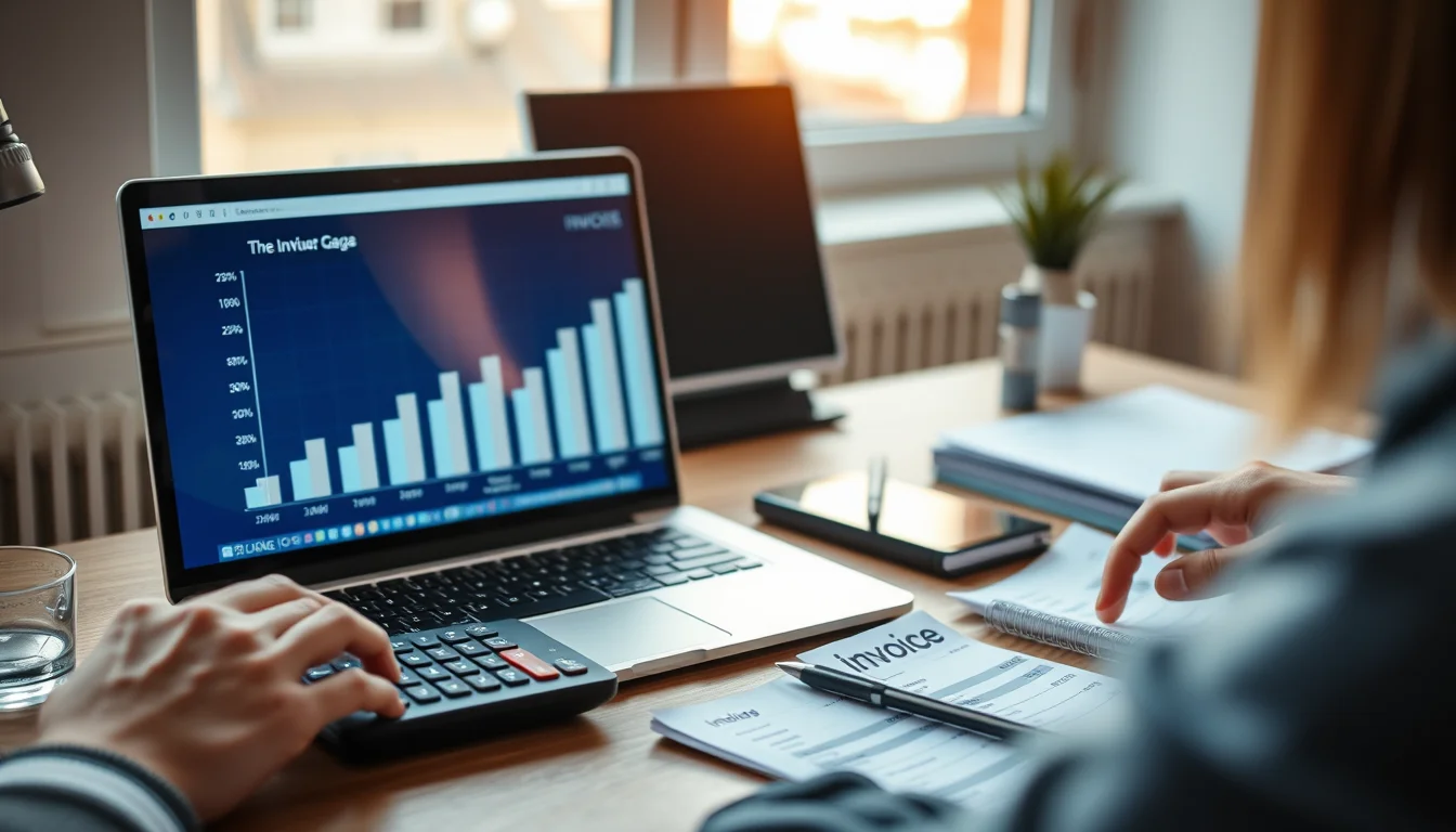Photo of a laptop showing a blurred bar chart of monthly turnover beside a calculator and paper invoices illustrating Threshold For VAT Registration