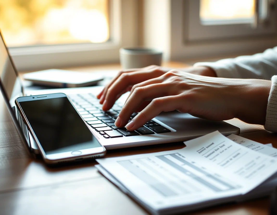 Close-up photo of a hand typing on a laptop beside a smartphone and receipts illustrating Threshold For VAT Registration