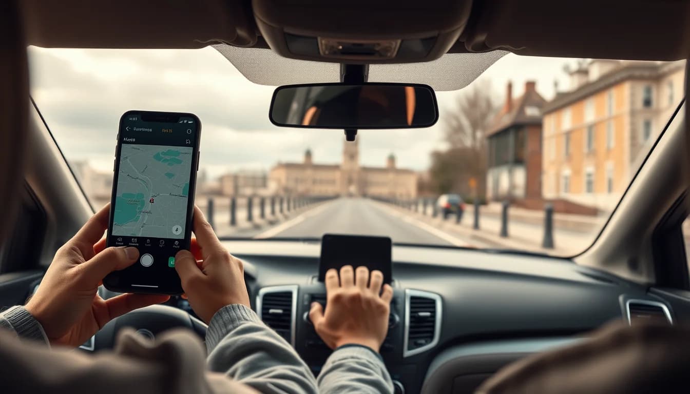 Photo from a driver's seat showing a phone mounted on the dashboard illustrating Uber Driver Tax Return UK