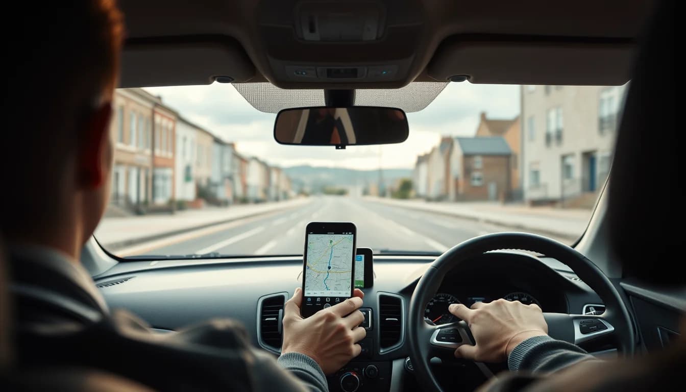 Photo from a driver's seat showing a phone mounted on the dashboard illustrating Uber Driver Tax Return UK