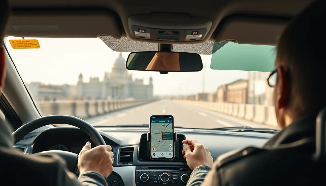 Photo from a driver's seat showing a phone mounted on the dashboard illustrating Uber Driver Tax Return UK in Liverpool