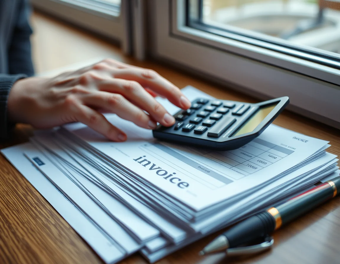 Close-up photo of a calculator on top of a stack of paper invoices illustrating UK VAT Registration Threshold in Leeds