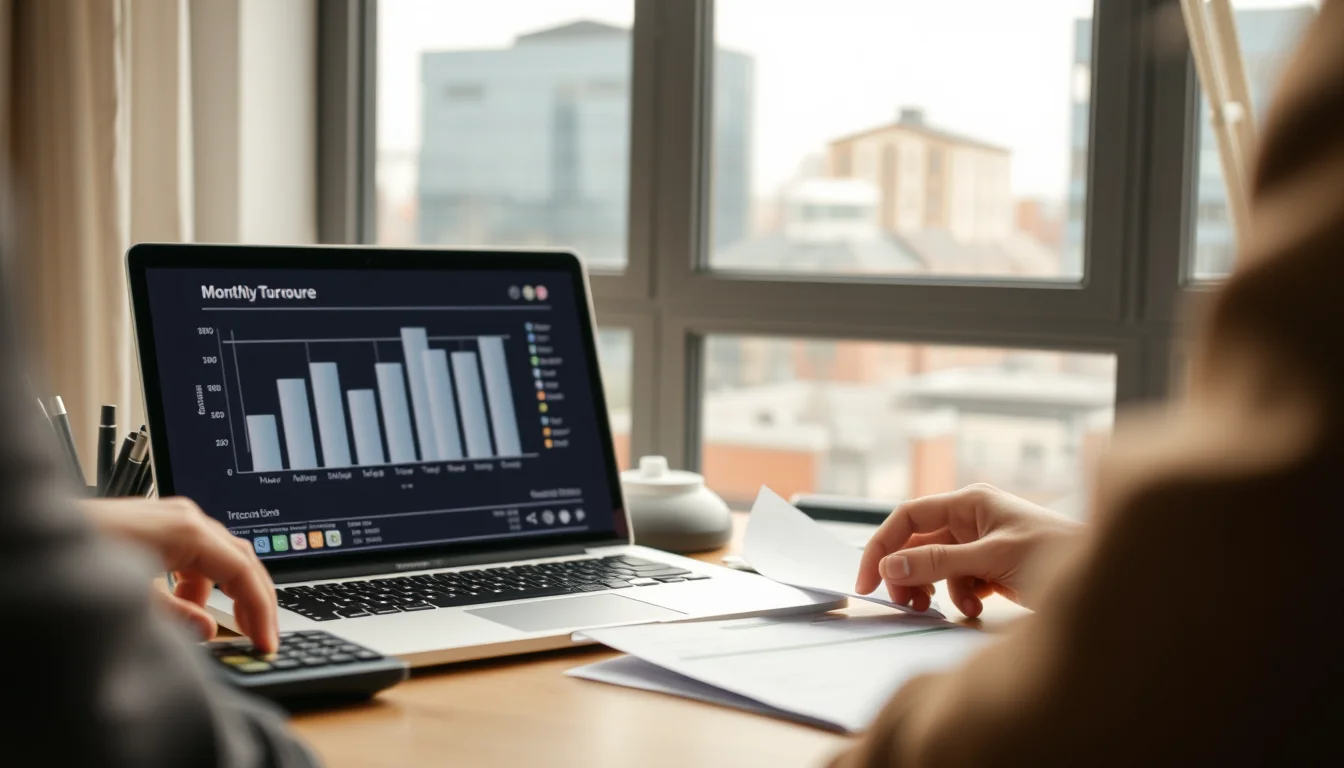 Photo of a laptop showing a blurred bar chart of monthly turnover, a calculator and paper invoices illustrating UK VAT Registration Threshold in Leeds