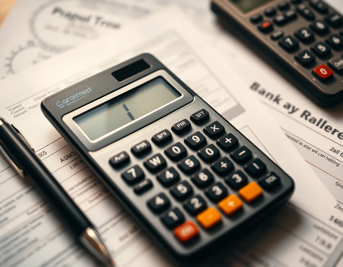 Close-up photo of a calculator on printed bank statements beside a pen, illustrating checking the VAT threshold in Nottingham