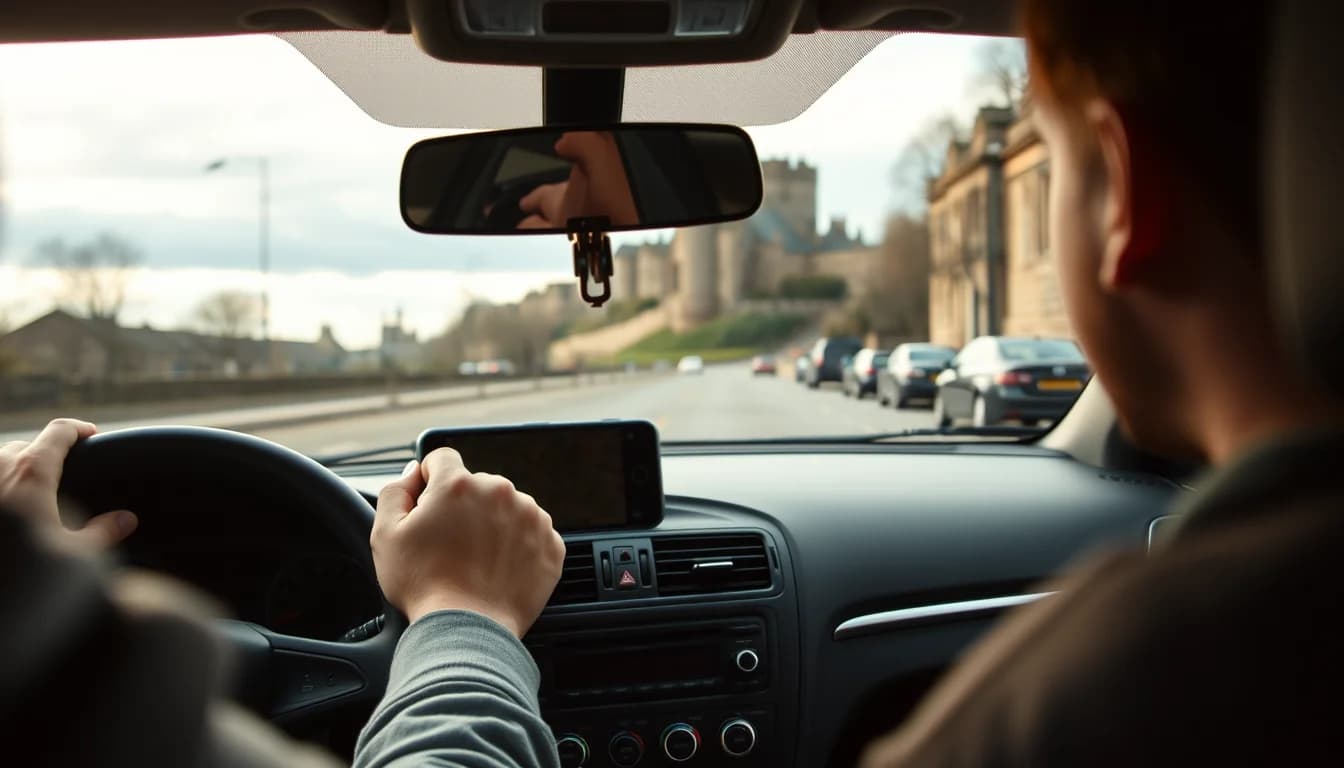 Photo from a driver's seat showing a phone mounted on the dashboard illustrating VAT Registration Online in Edinburgh