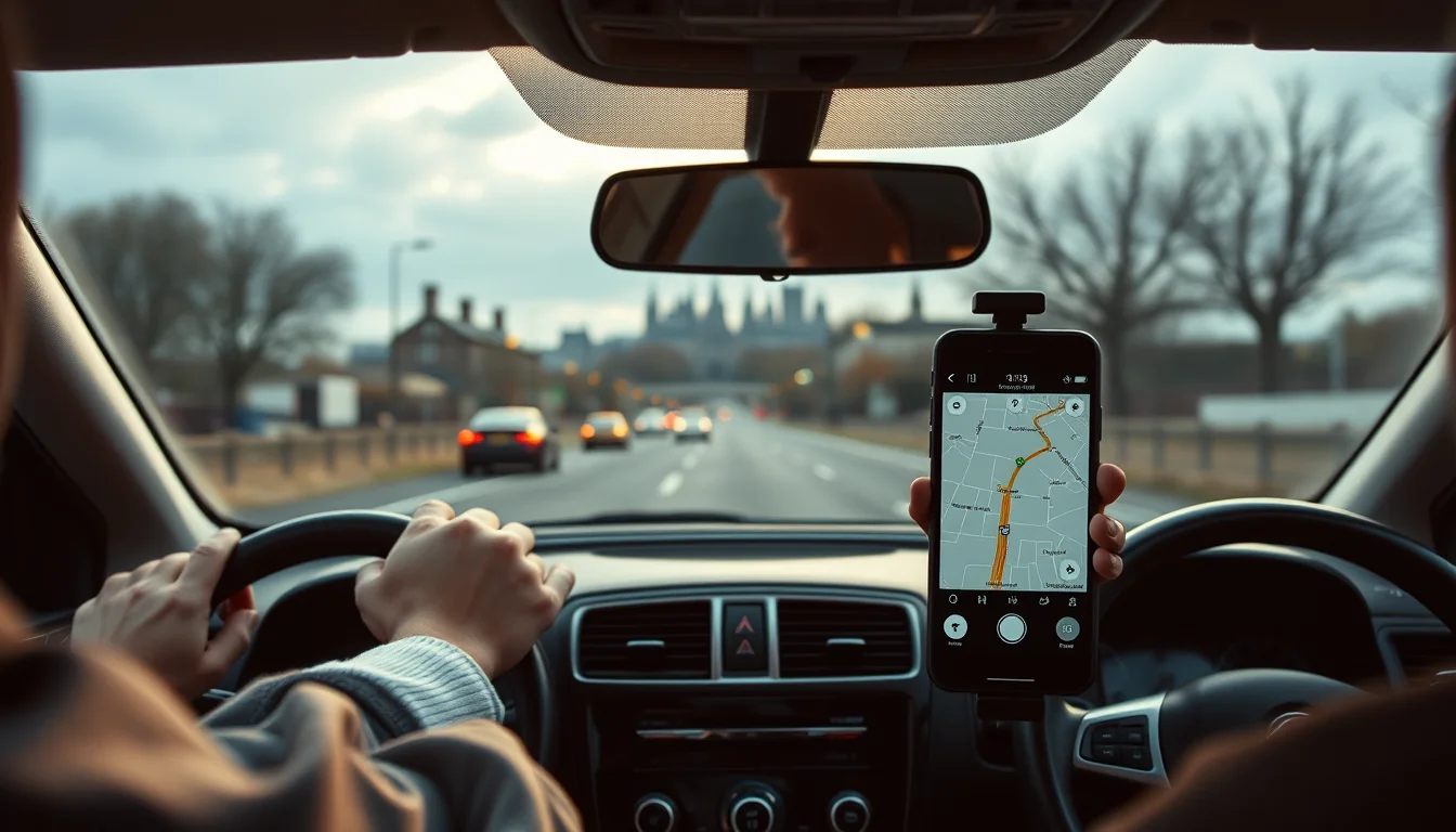 Photo from a driver's seat showing a phone mounted on the dashboard illustrating VAT Registration Online in Glasgow