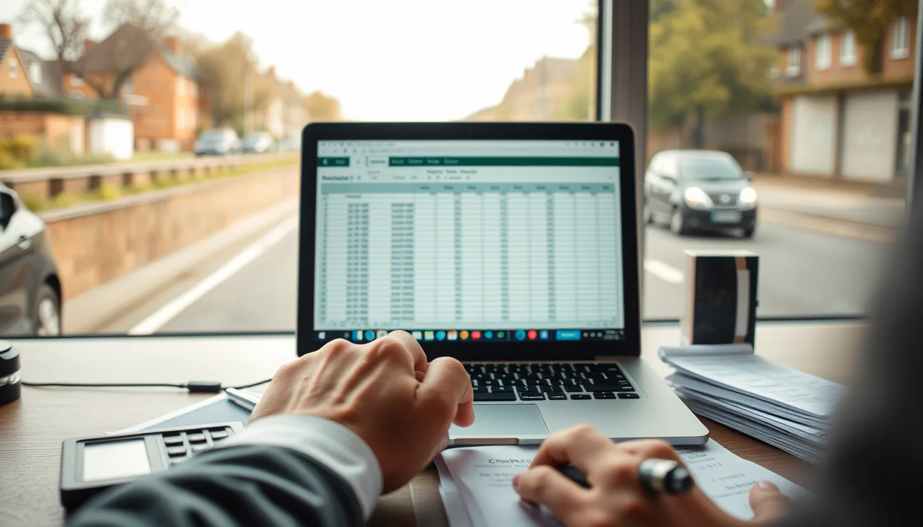 Photo of a desk with a laptop, paper receipts and a calculator illustrating VAT Registration Online