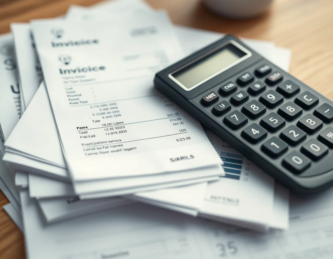 Close-up photo of a payslip on a stack of invoices beside a calculator, illustrating VAT registration requirements for drivers with employees