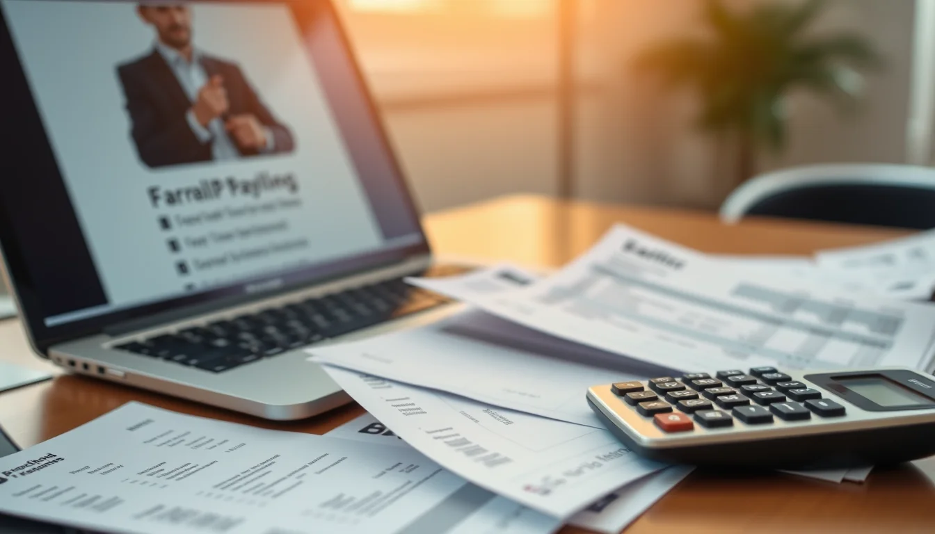 Photo of payslips and a calculator beside a laptop with a blurred form, illustrating VAT registration requirements for drivers with employees
