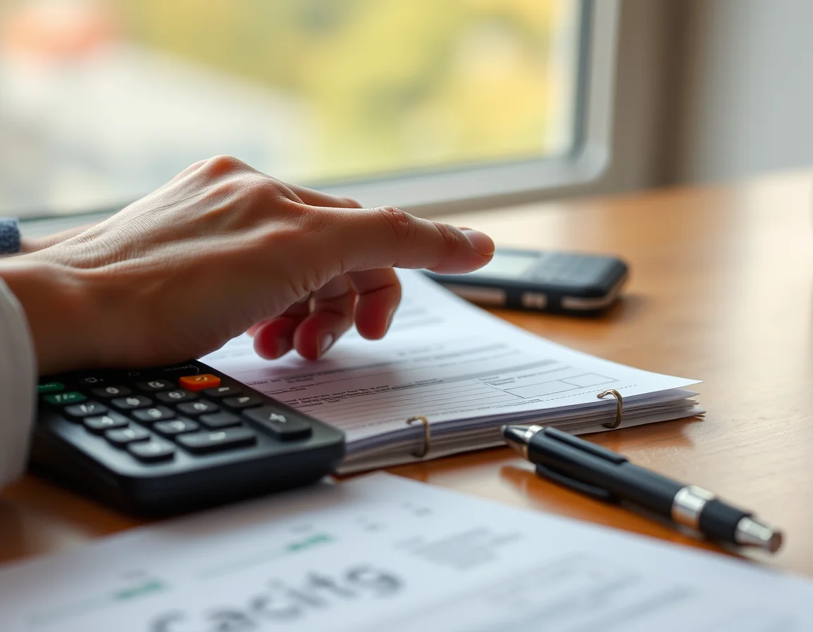 Close-up photo of a hand pointing at a printed form beside a calculator and a pen illustrating VAT Registration UK