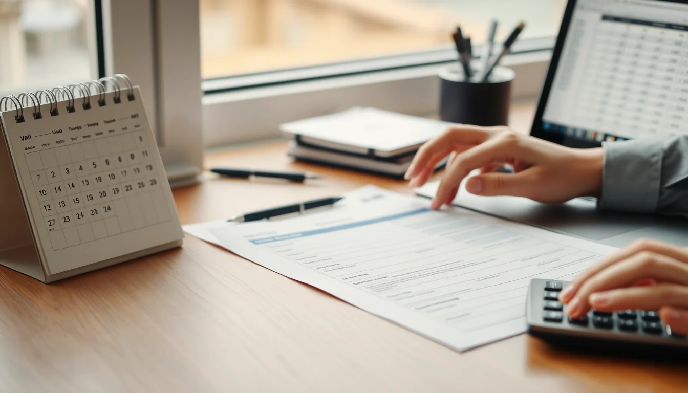 Photo of a desk calendar, a printed form, a calculator and a laptop showing a blurred spreadsheet illustrating VAT Registration UK