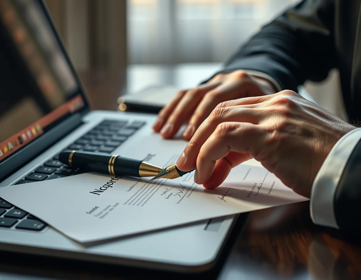 Close-up photo of a fountain pen on a signed document beside a laptop keyboard illustrating VAT Registration UK