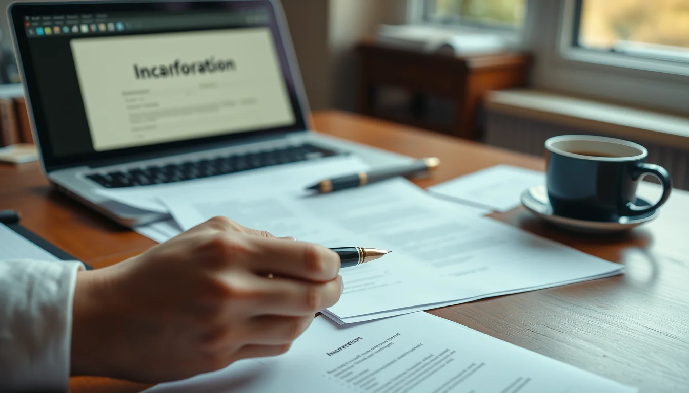 Photo of incorporation documents, a fountain pen and a laptop showing a blurred VAT return form illustrating VAT Registration UK