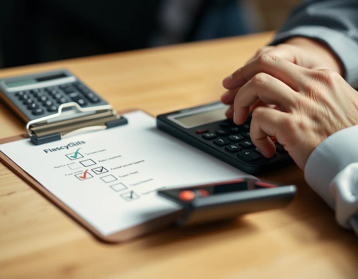 Close-up photo of a hand ticking a checklist on a clipboard beside a calculator, illustrating a quarterly VAT return checklist
